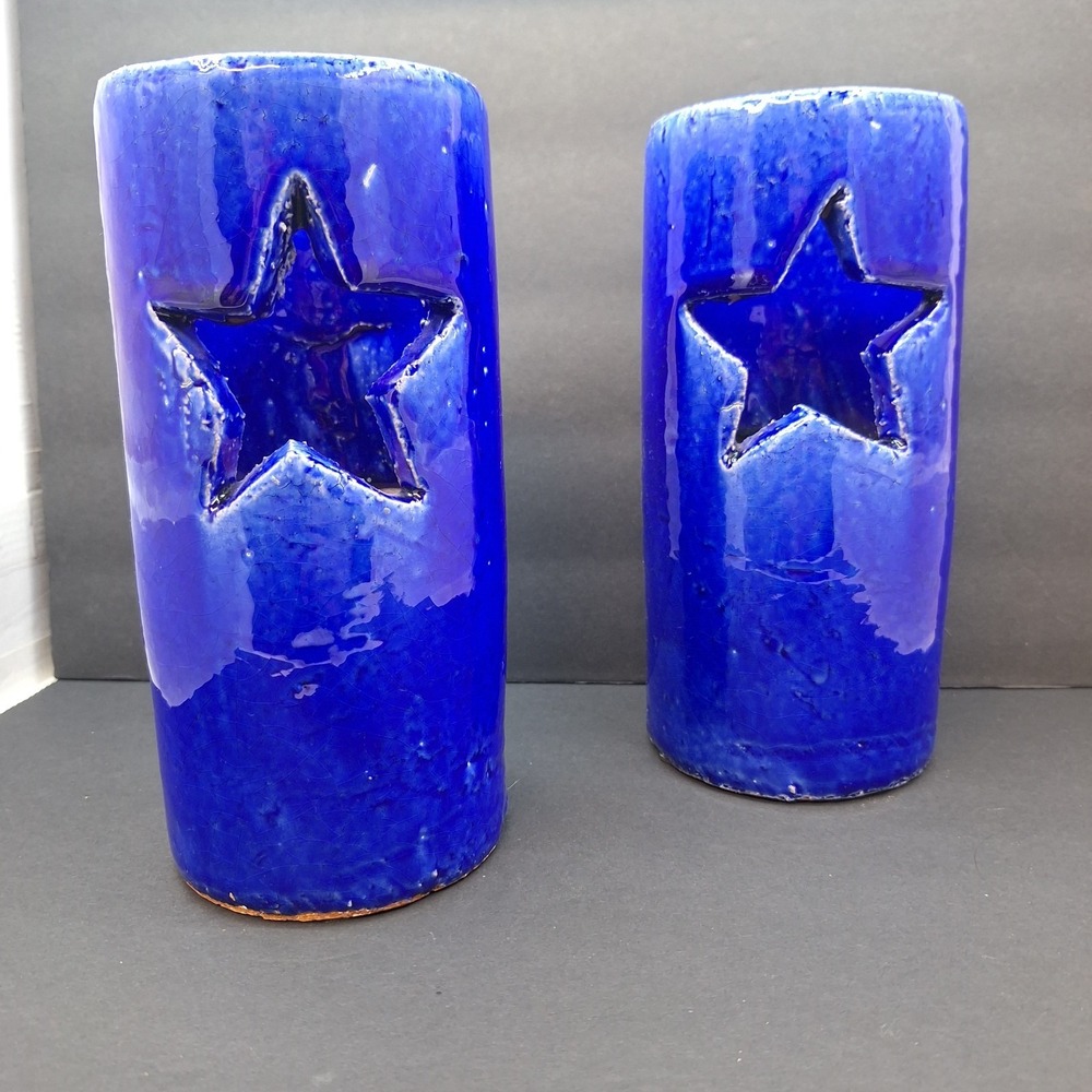 X2 Celestial Blue Star Cut Outs Art Pottery Luminary Tea Light Votive Holder Set